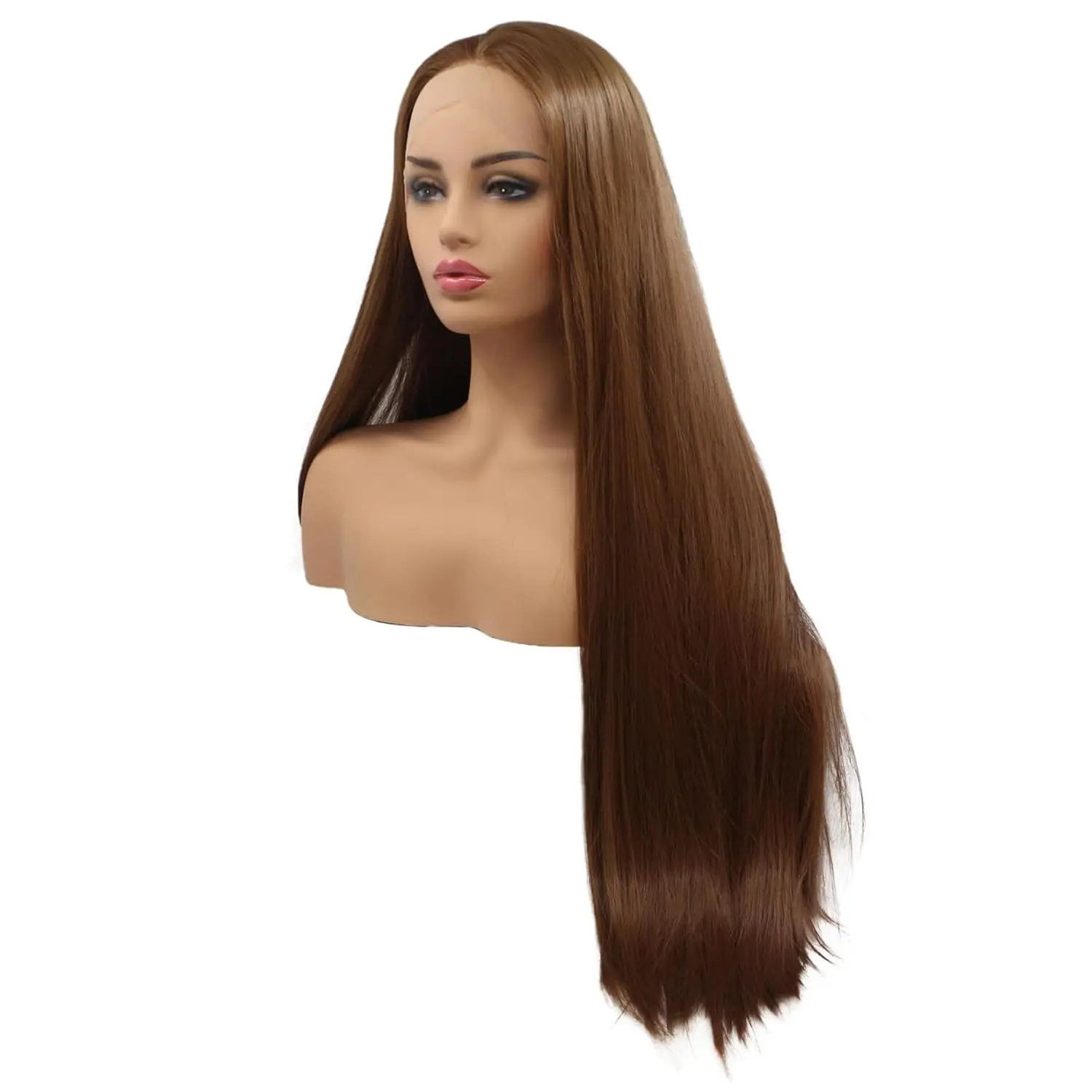 باروكات صناعية مستقيمة بدانتيل أمامي بني للنساء، ألياف مقاومة للحرارة، شعر مستعار طويل مستقيم، فراق متوسط #4