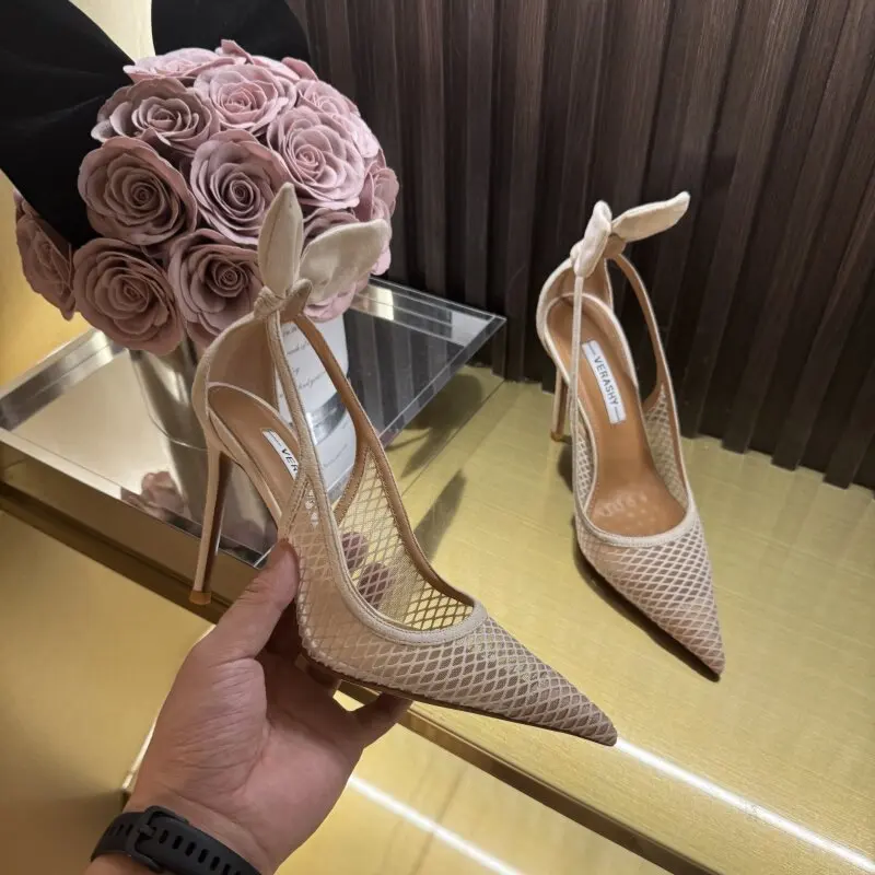 Rabbit Ear High Heels for Women, New Slim Heel 10cm Non Tiring, sexy Lace Hollow Pointed Sandals