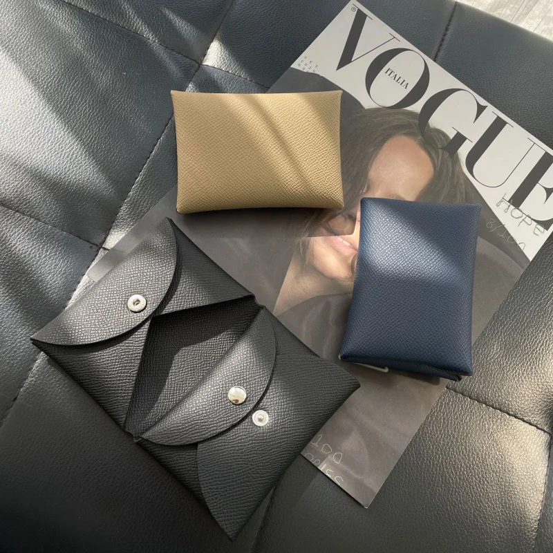 حامل بطاقات مطوية من الجلد الطبيعي للنساء على طراز H EP من الحبوب بزر ضغط عالي الجودة ومحفظة للبطاقات وحقيبة للعملات المعدنية #1