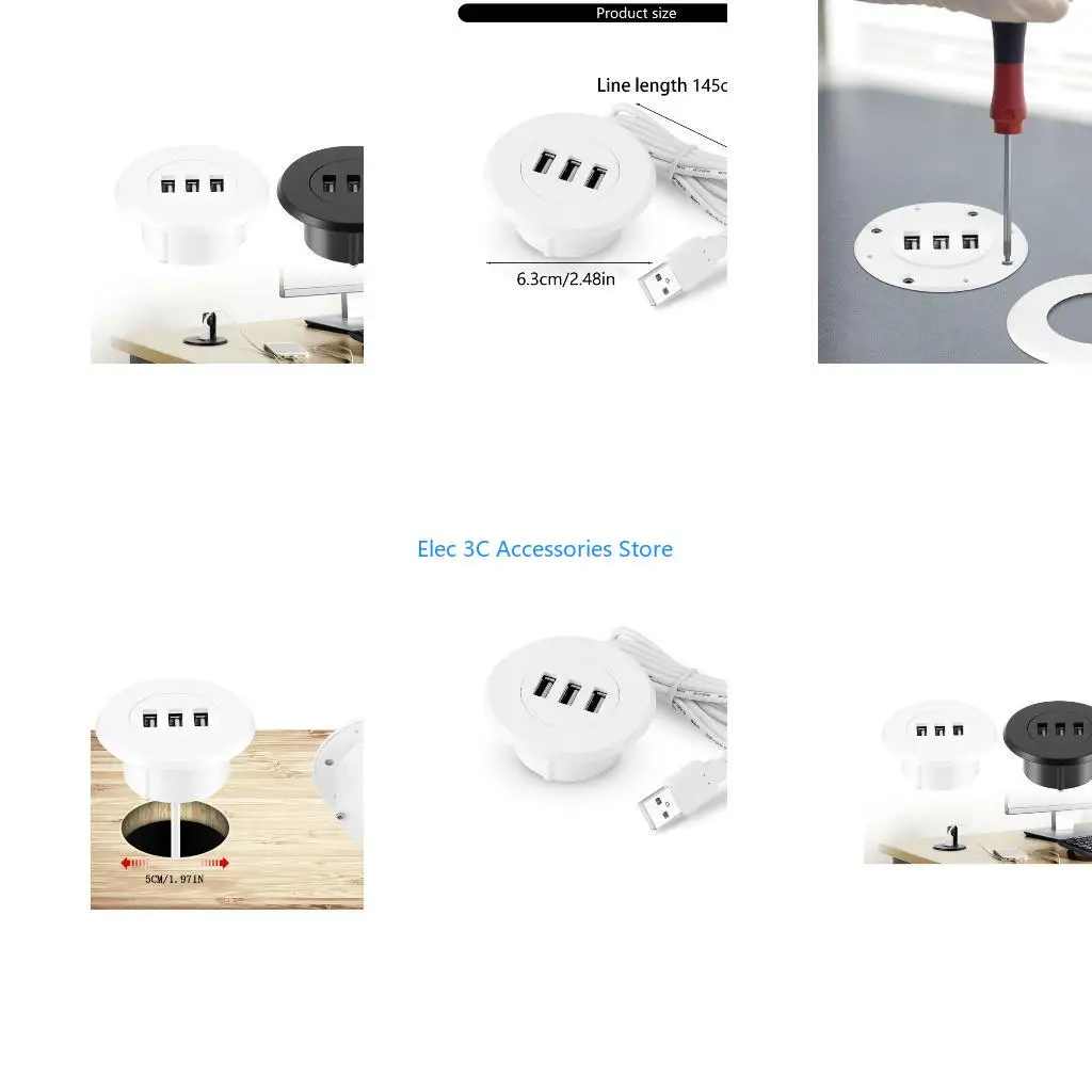 Y51A 2" Grommet Hole In-Desk Mounting 3 Ports USB 2.0 Hub For Laptop Computer
