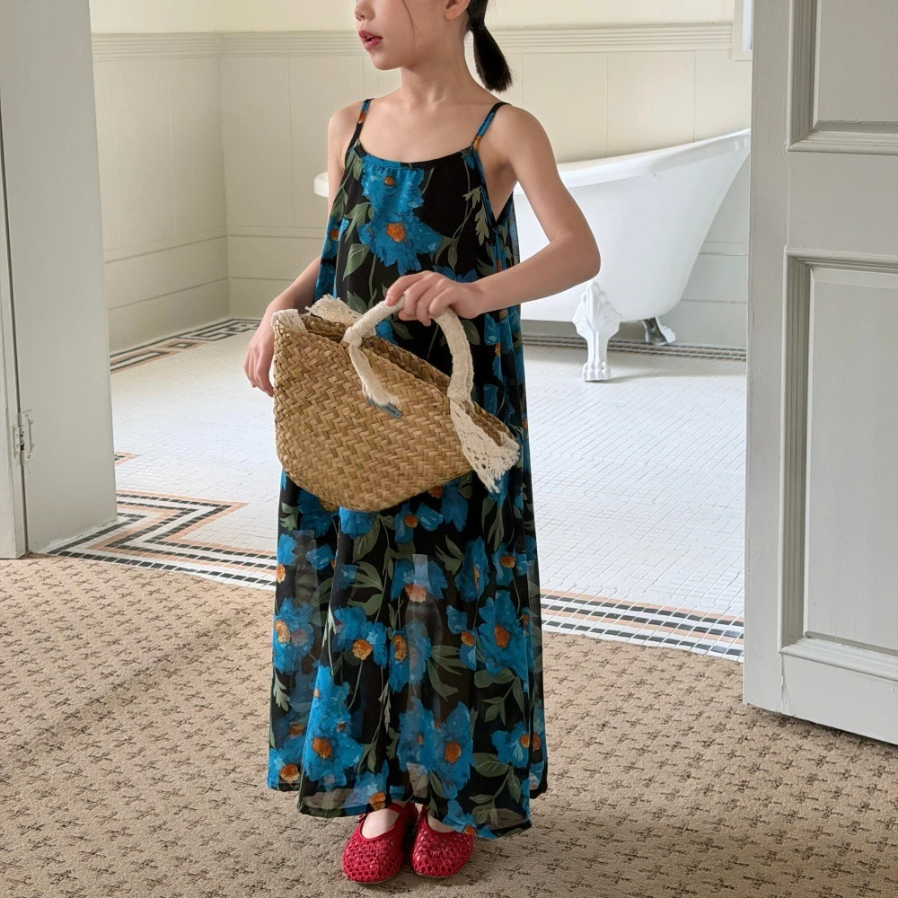 Girls Dress 2026 Spring and Summer New Children's Clothing Girls Baby Beach Holiday Personality Blue Floral Halter Dress
