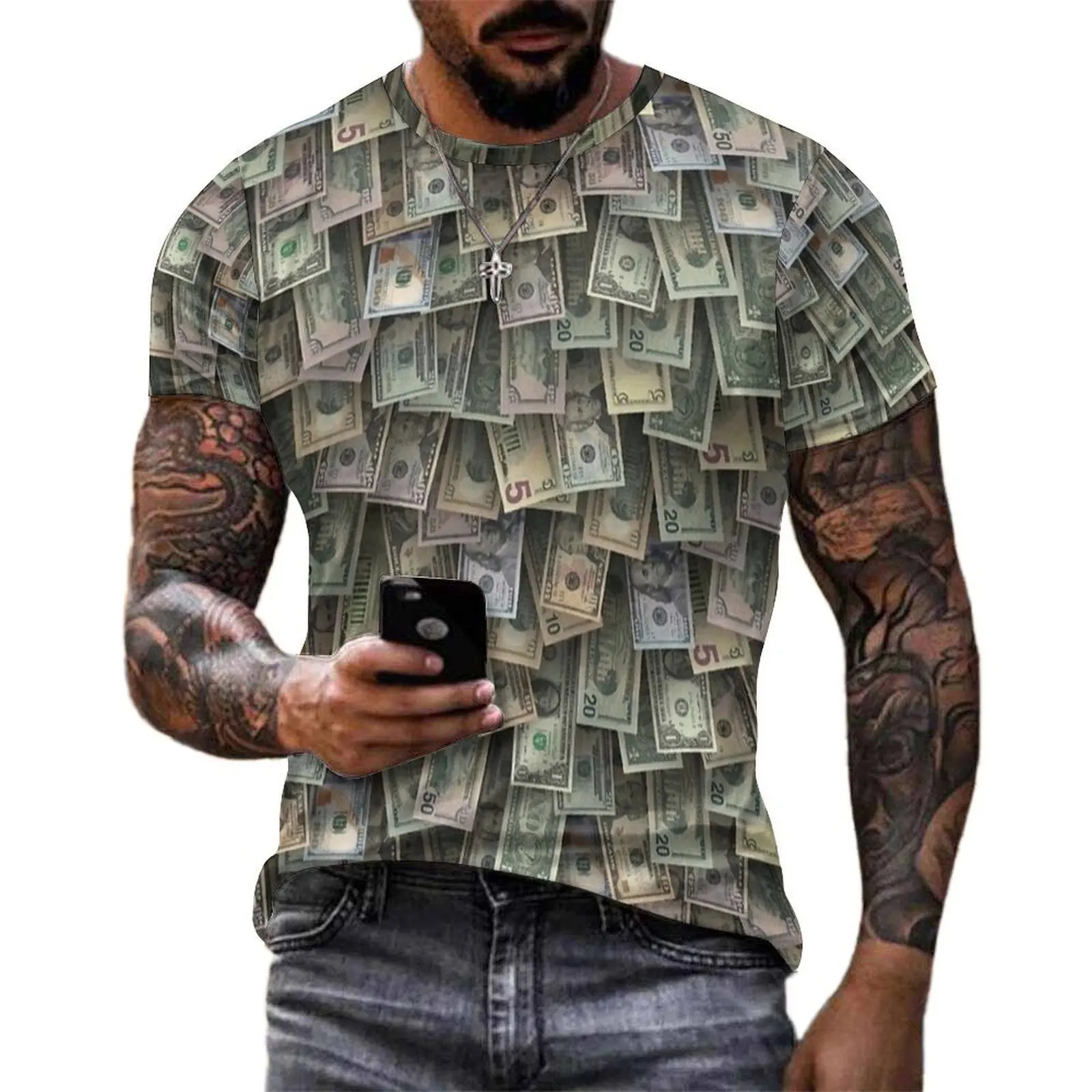 US Dollars Tiled Mixed Bills Print T-Shirt For Man Design O Neck T Shirts Original Vintage Tops Short Sleeve Plus Size Tee Shirt