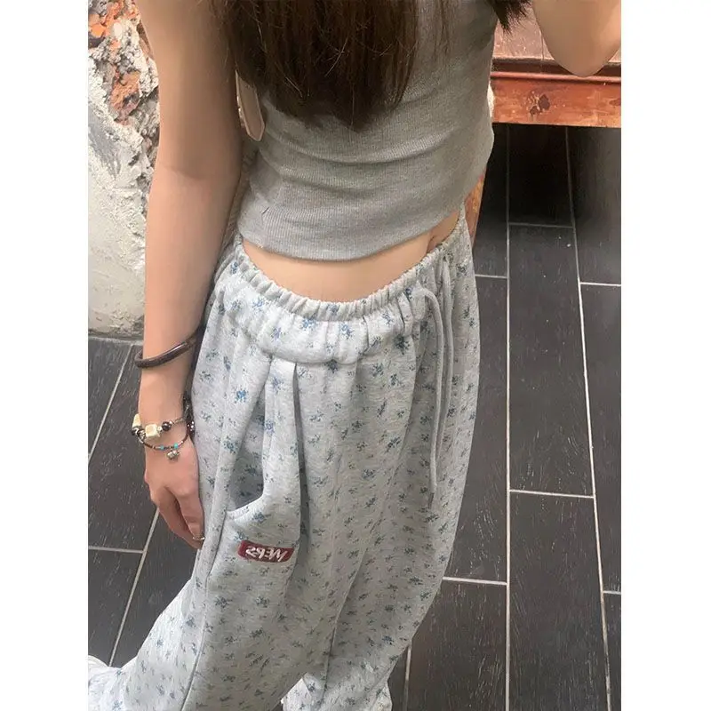 فضفاض السراويل واسعة الساق المرأة عارضة عالية الخصر مستقيم الأمريكية Sle الأزهار طباعة مريحة الخريف الشتاء وصول جديد #5