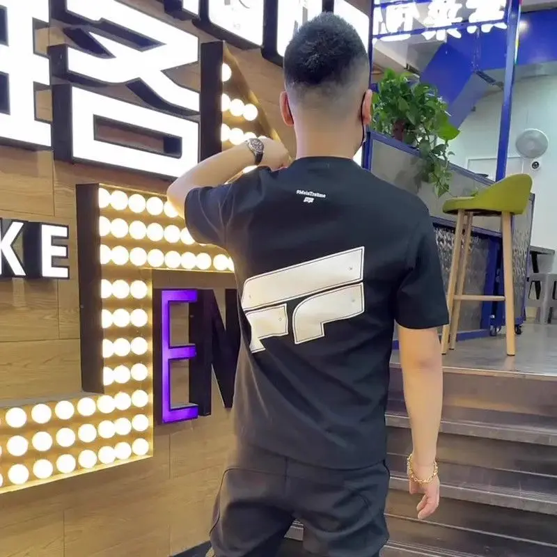 

New Summer Style Handsome Back Printed Short-sleeved T-shirt for Men's Round Neck Versatile Half-sleeved Top Trendy