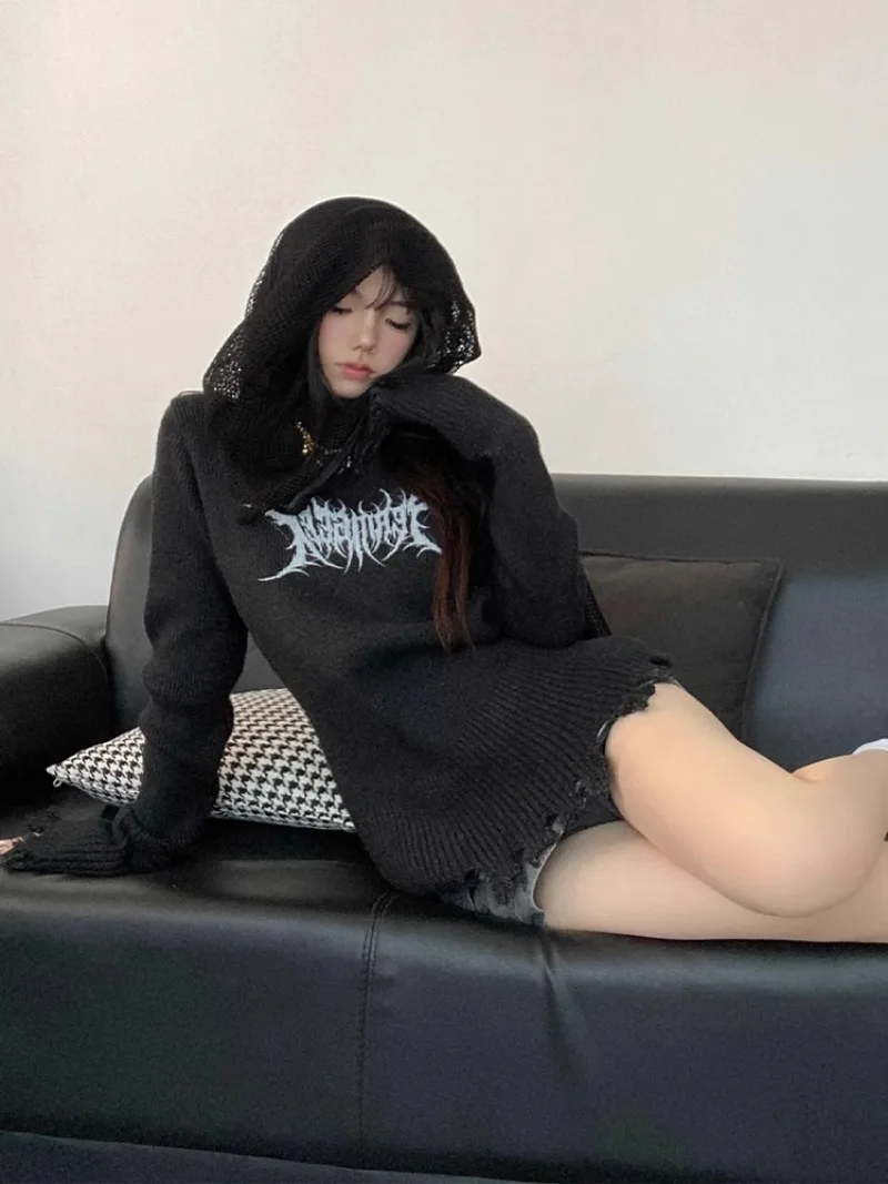 American High Street Black Knitted Sweater Women Spring Autumn Hole Tassel Punk Print Pullovers Y2k Long Sleeve Black Tops Mujer