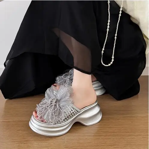 

New Women Summer Sliver Black Knitting Hollow Thick Sole Platform Open Toe Flower Decor Wedges Slippers Fashion Slide Sandals
