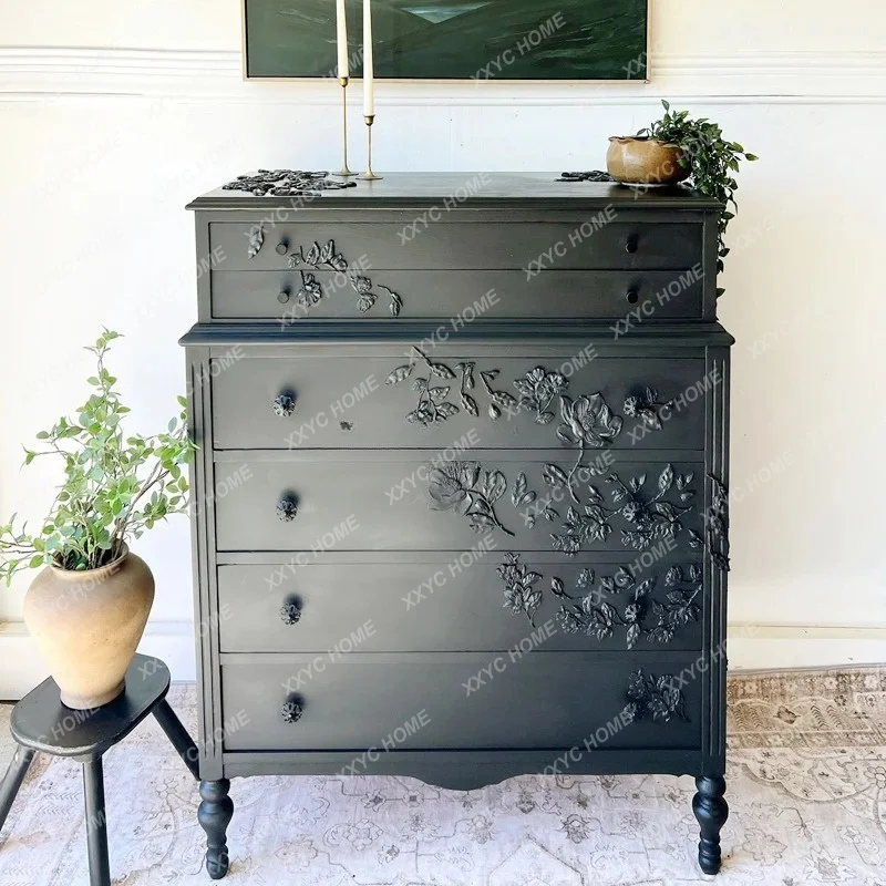 X-S  retro solid wood carving flower chest bedside black narrow drawer bucket cabinet HG