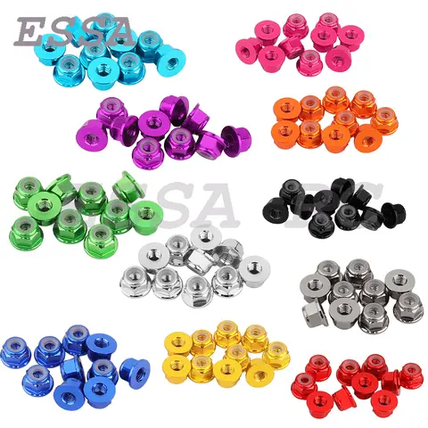 10pcs M3 Aluminum Alloy Flange Nylon Insert Lock Nut Self-locking Nut With Anti-skid Rubber Ring Multi-Color For RC Car Wheels