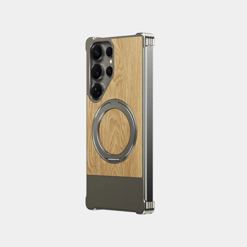 Magsafe Peach Wood Titanium Alloy Phone Case For Samsung Galaxy S22 S23 S24 S25 Ultra Magnetic Rotate Bracket Shockproof Cover