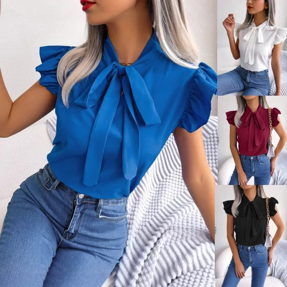 

2026 Amazon Aliexpress New Summer Solid Color Simple Bow Short Sleeve Shirt For Women
