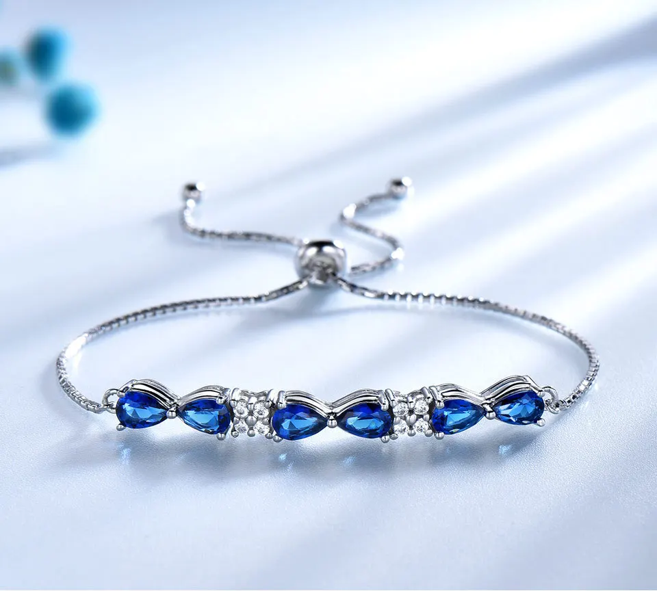 Pear Cut Created Blue Sapphire 925 Sterling Silver Sweet Bowknot Adjustable Bracelet for Women Statement Gemstone Fine Jewelry