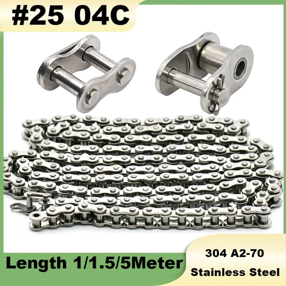 #25 04C Roller Chain 25H 304 Stainless Steel Pitch 6.35mm Full/Half Buckle Industrial Transmission Single Row Chain 1/1.5/5Meter