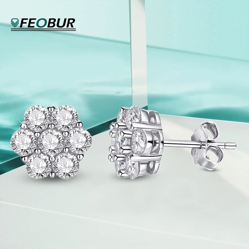 FEOBUR 7ct 14 Stones Full Moissanite Stud Earrings for Women 925 Sterling Silver Flower Shape Diamond Earring Wedding Jewelry