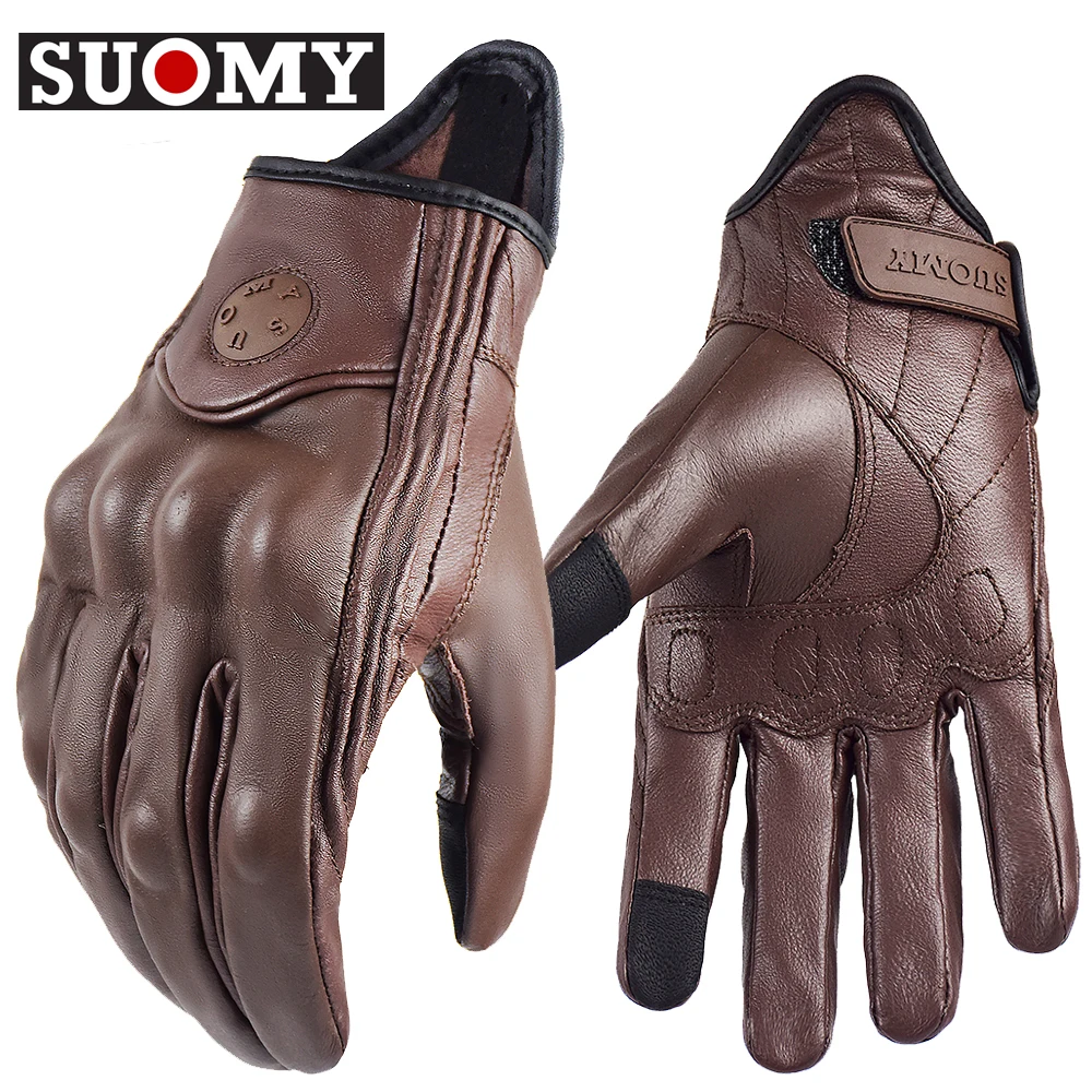 

Suomy Motorcycle Gloves Vintage Leather Full Finger Motorbike Equipment Women Men Brown ATV Rider Sports Protect Glove Guantes