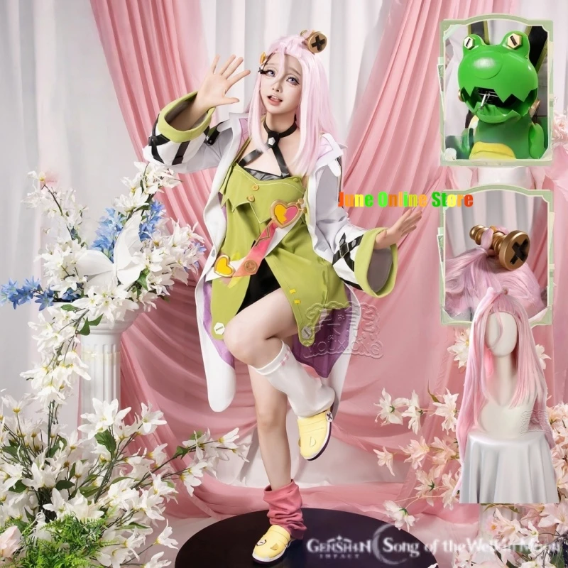 

Genshin Impact Aino Cosplay Costume Green Suit Yellow Shoes with Wig for Comic Con Halloween Anime Girls Women