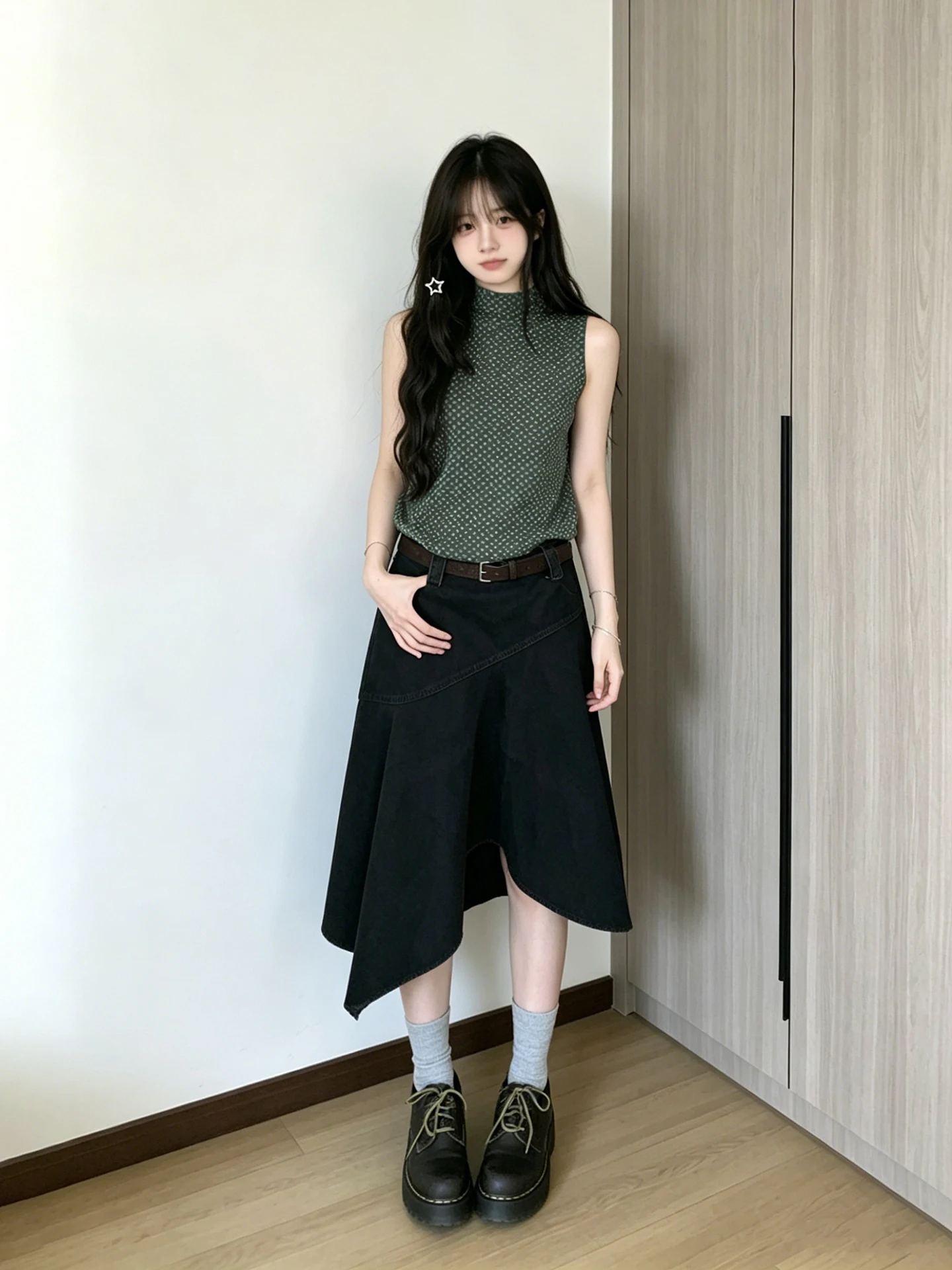 Retro Polka Dot Sleeveless T Shirt Top Women Summer Design Sense Miniature Uneven Denim  Skirt Two Piece Set