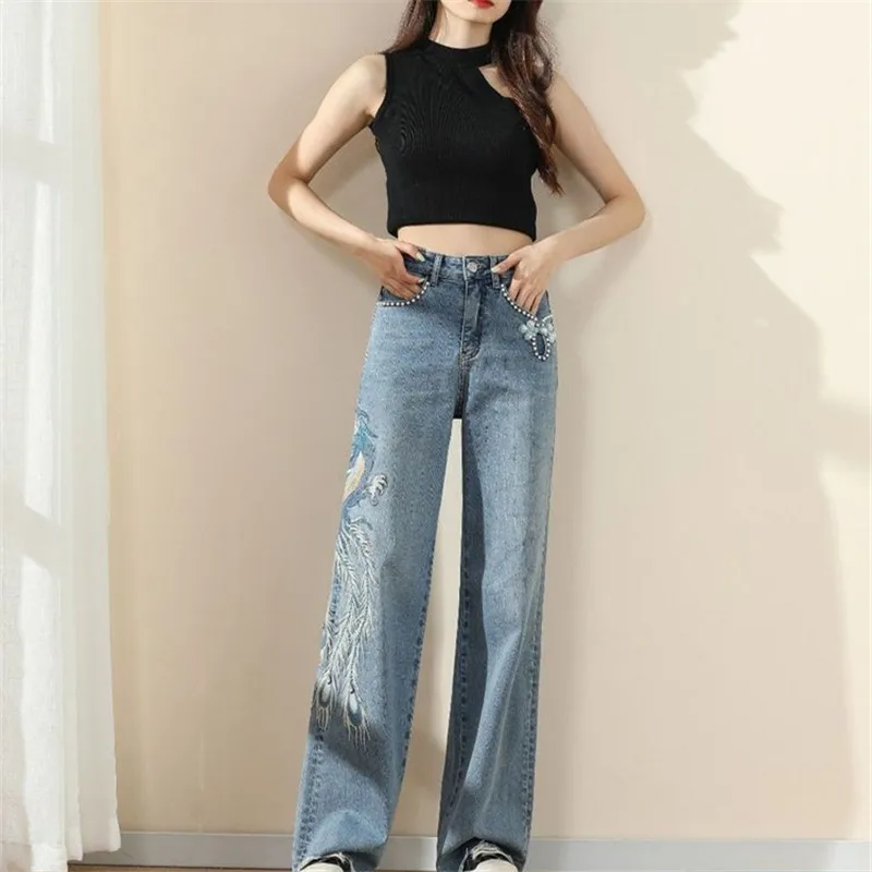 Wide-Leg High-Waisted Jeans Straight Trousers Women\'s 2023 Summer New Phoenix Embroidery Fashion Temperament Vintage Denim Pants