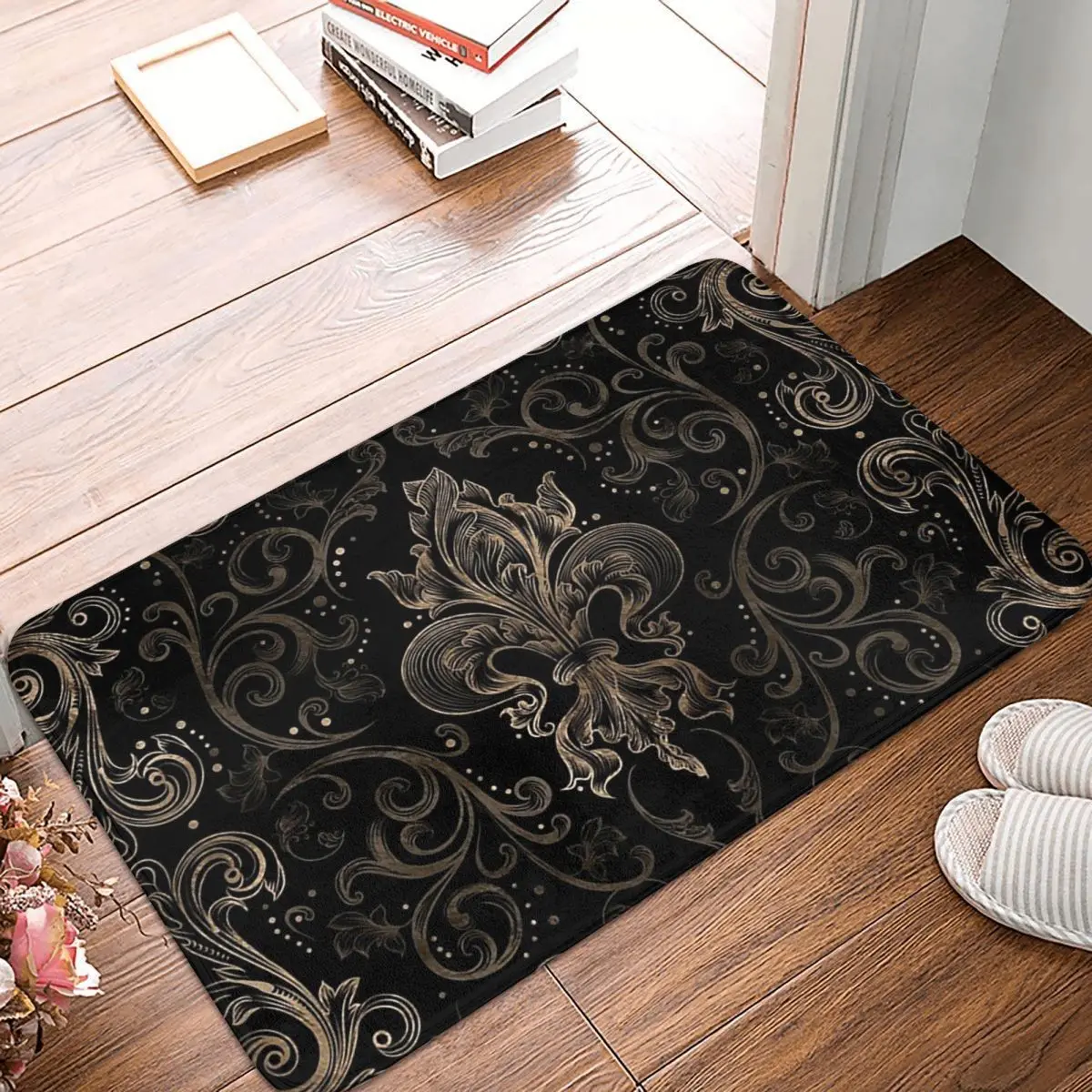 Fleur De Lis Ornament Black And Gold Anti-slip Doormat Floor Mat Carpet Rug for Kitchen Entrance Home Balcony Footpad Mats