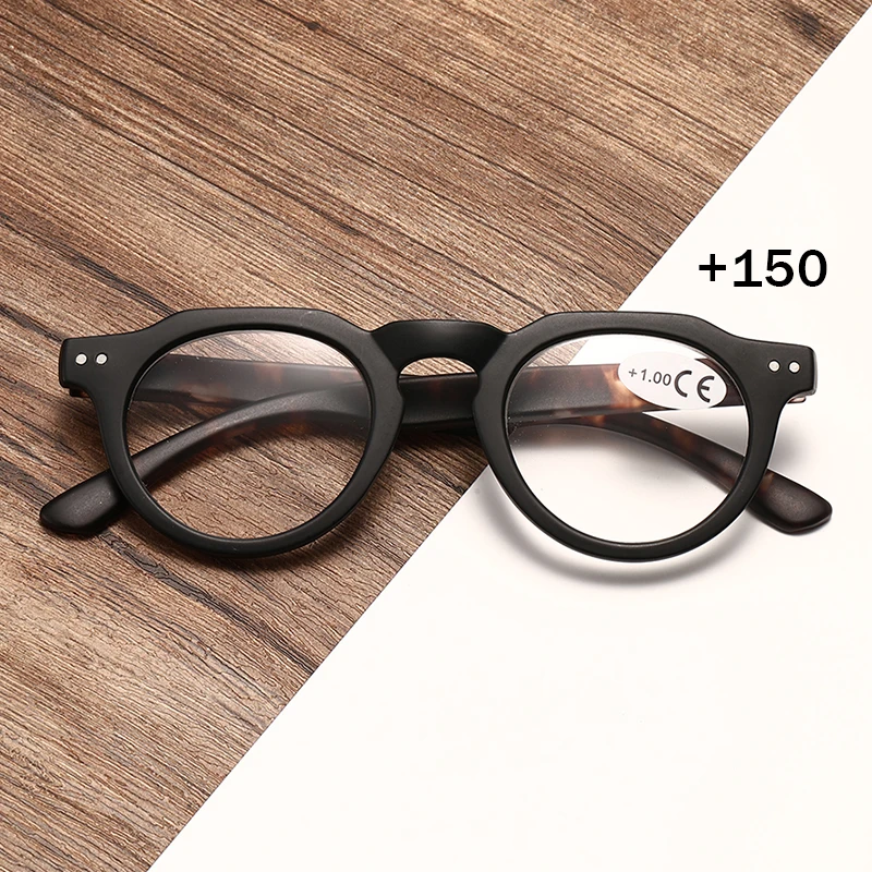 Eine Retro-Klassiker-Sonnenbrille mit schwarzem, rundem Rahmen und Leopardenmuster an den Beinen, modischer Trend, Unisex, geeignet zum Lesen und für den Computergebrauch – Detail 3