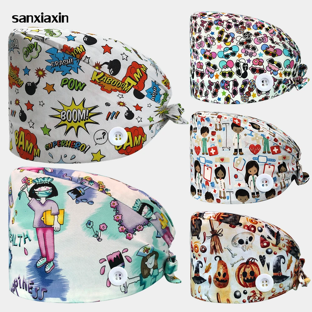 

Хирургическая шапка с пуговицами и черепом, дышащая медицинская кепка медсестры, унисекс, клиническая рабочая шапка, регулируемая кепка для кормления стоматолога, новинка