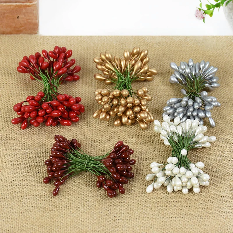 50pcs Artificial Flower Double Heads Cherry Stamen Berries Bundle DIY Fake Flower Craft Wreath Gift Box Wedding Party Decoration