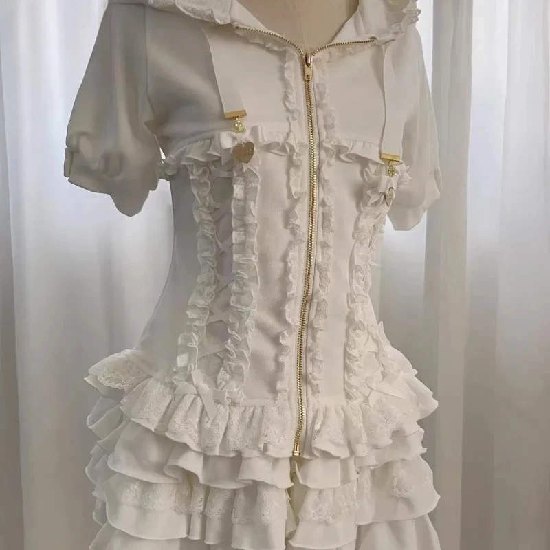 

Японский лето Лиз, милый милый кардиган с капюшоном и бантом, универсальная спортивная куртка на молнии с короткими рукавами и короткая юбка, комплект из двух предметов