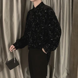 Spring Autumn New Fashion Printed Sequins Shirts Men's Clothing Button Korean Style Polo Neck Blusa Long Sleeve Thin Style Tops