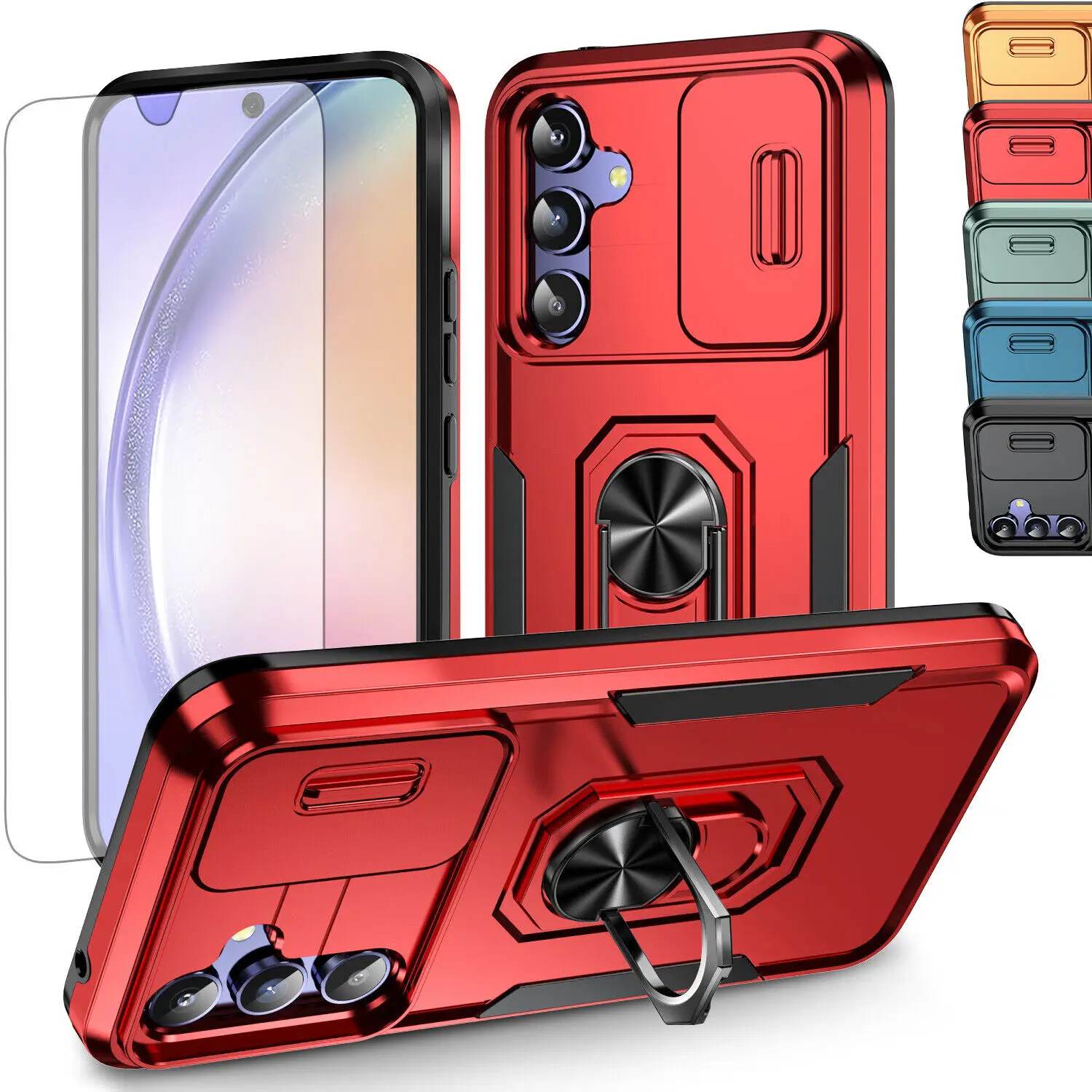 

For Samsung Galaxy A14 A54 A15 5G Shockproof Ring Stand Holder Rugged Armor Case+Camera Lens Cover+Tempered Glass