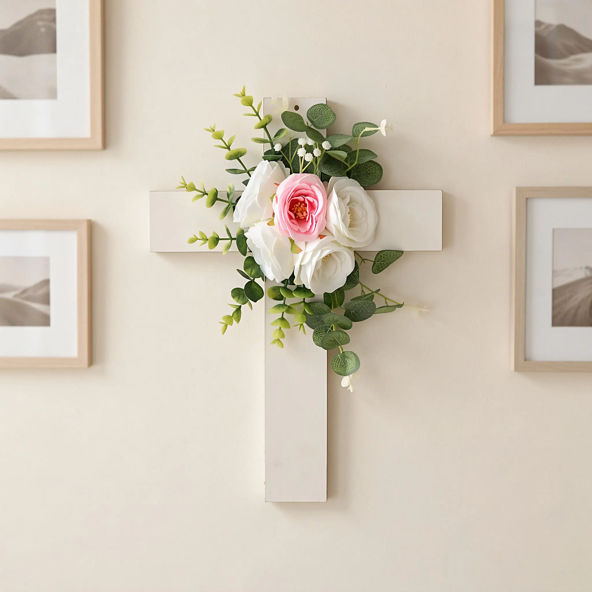 Artificial Flower Wreath Wooden Wall Hanging Christian Front Door Decor Farmhouse Porch Rustic Church Wall Christmas