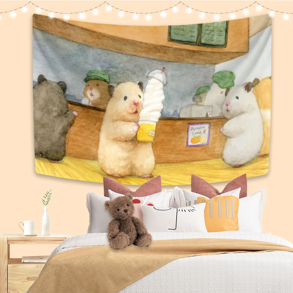 XxDeco Kawaii Hamster Anime Tapestry Cute Animal Printed Wall Hanging Home Decoration Dormitory Background Cloth Sofa Blanket