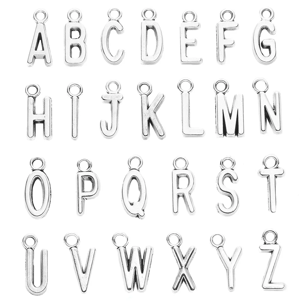 

26 Pcs Letter Shaped Pendant Alloy Retro Style Jewelry DIY Accessories English Charms Necklace Decor Silver Color