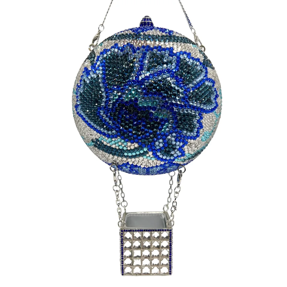 

Crystal Bag National Style Blue And White Porcelain Peony Diamond Dinner Bag Round Ball Hot Air Balloon Clutch Women's Sac Femme