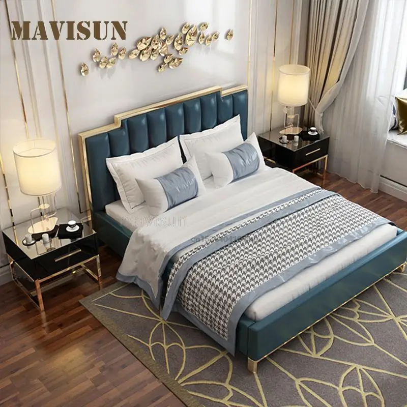 Contemporary American Style Simple And Creative Leather Bed Customized Upholstered Double Bed For Master Bedroom 1.8m Blue