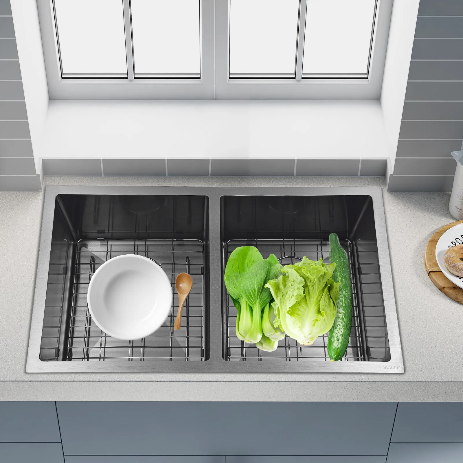 

31*18*9 дюймов, прямоугольная двойная чаша, композитная встраиваемая кухонная мойка, набор из 2 чаш, нержавеющая сталь 304