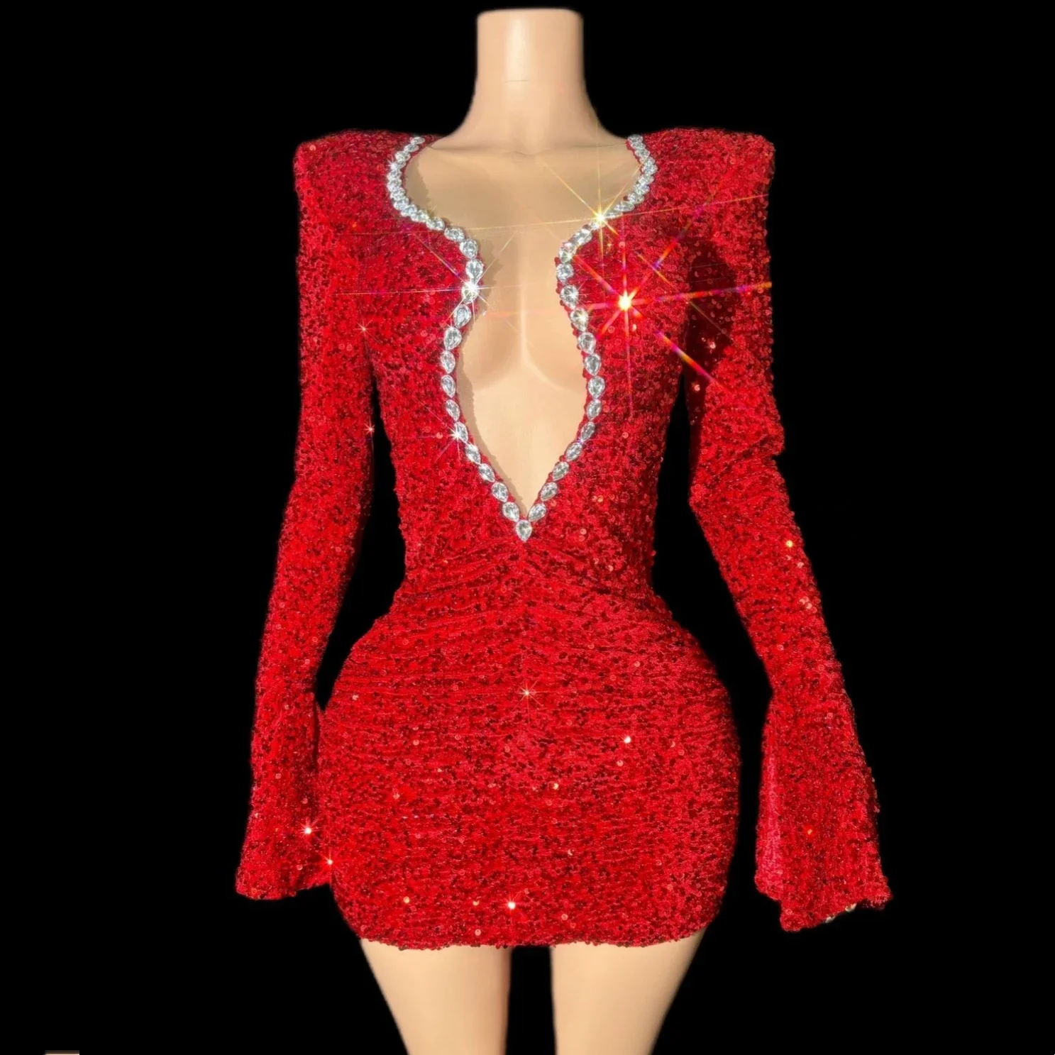 

Dress Evening Party Performance Costume Nightclub Stage Wear Shinning Sequins Diamond Long Sleeve Sexy Deep V-Neck Sheath Mini