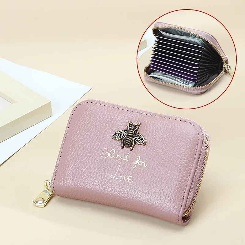 The First Layer of Cowhide RFID Anti-theft Brush Leather Card Holder Multi-card Bit Texture Bee ID Card Holder Zipper Wallet