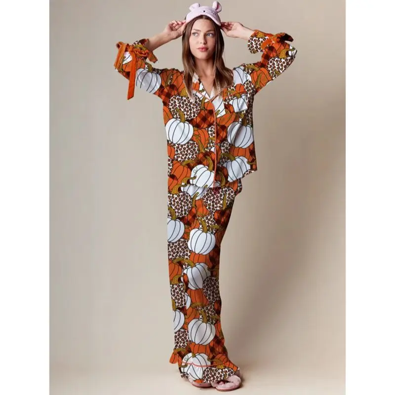 

Combhasaki Women 2Pcs Halloween Pumpkin Print Silky Loungewear Ruffle Outfits Set Lapel Button-up Pocket Shirt + Pjs Long Pants