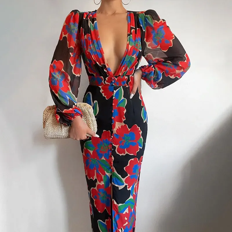 Gedrukte mesh doorzichtige maxi-jurk Zomer Dames Boheemse lange strandkleding Y2k Koreaanse sexy knoopsluiting Elegante bodycon-jurk Drama Diego