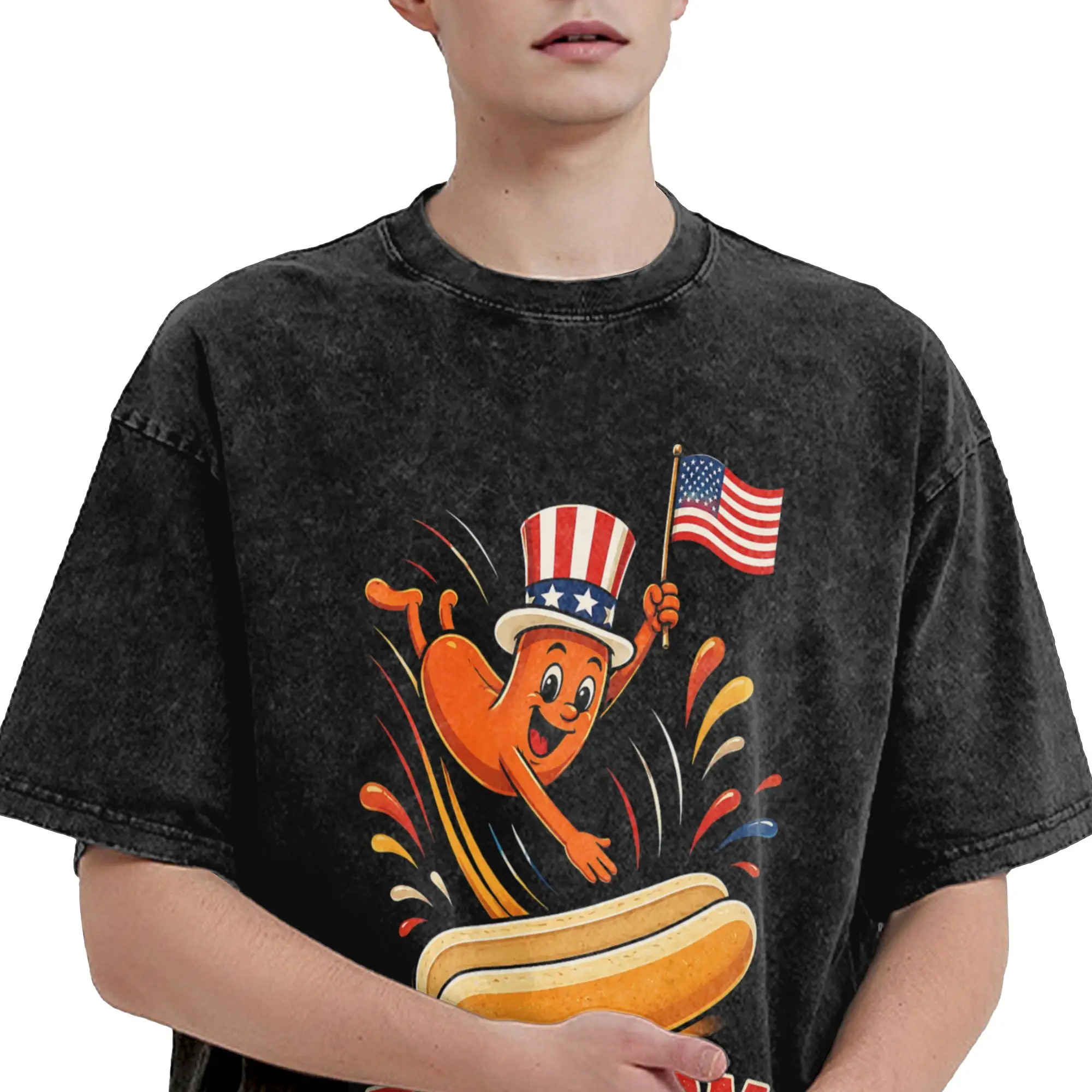 Hotdog Freedom Dive  Washed T Shirts Streetwear Hip Hop Novelty T-Shirts  Tees Men Women Cotton Harajuku