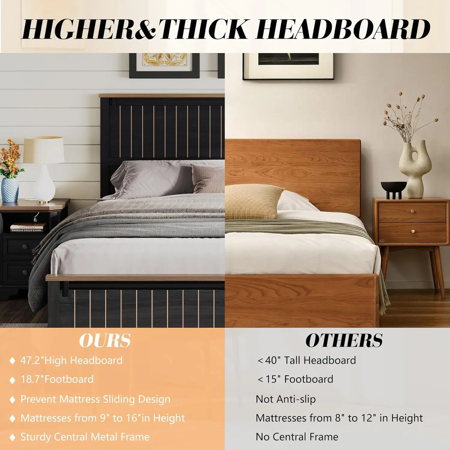 إطار سرير بحجم كوين للمزرعة مع باب حظيرة منزلق، إطار سرير بمنصة ريفية خشبية مع لوح رأسي طويل القامة مقاس 47 بوصة، خالي من الضوضاء، سول