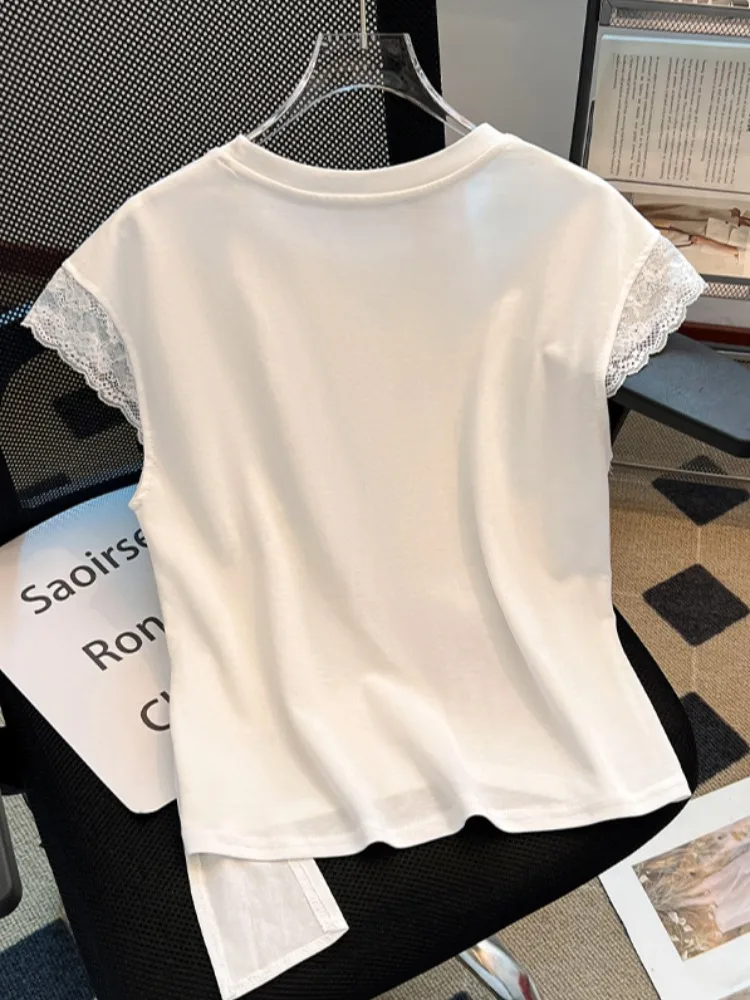 Lace Splice ort Sve T-shirt Dames Zomer Design Sense Gestreepte Bot ort Sle Koreaanse versie Slim Fit ronde Ne Top