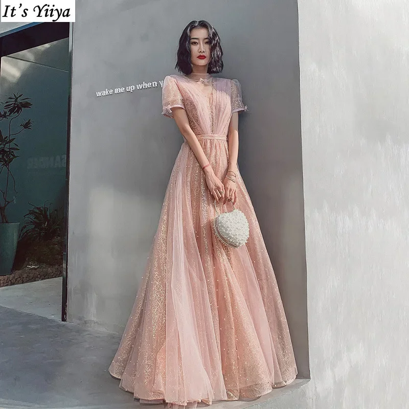 

It's Yiiya Evening Dress Pink Pearl Tulle High Collar Short Sleeves Pleat A-line Floor Length Plus size Women Party Formal Gown