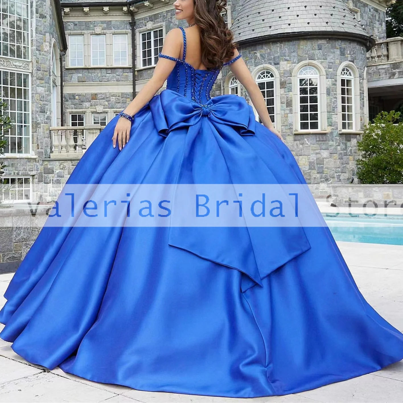 Elegante azul cetim Quinceanera Vestidos, Beads Sweetheart Bow, Princesa vestido de baile, Aniversário Prom Dress, 15