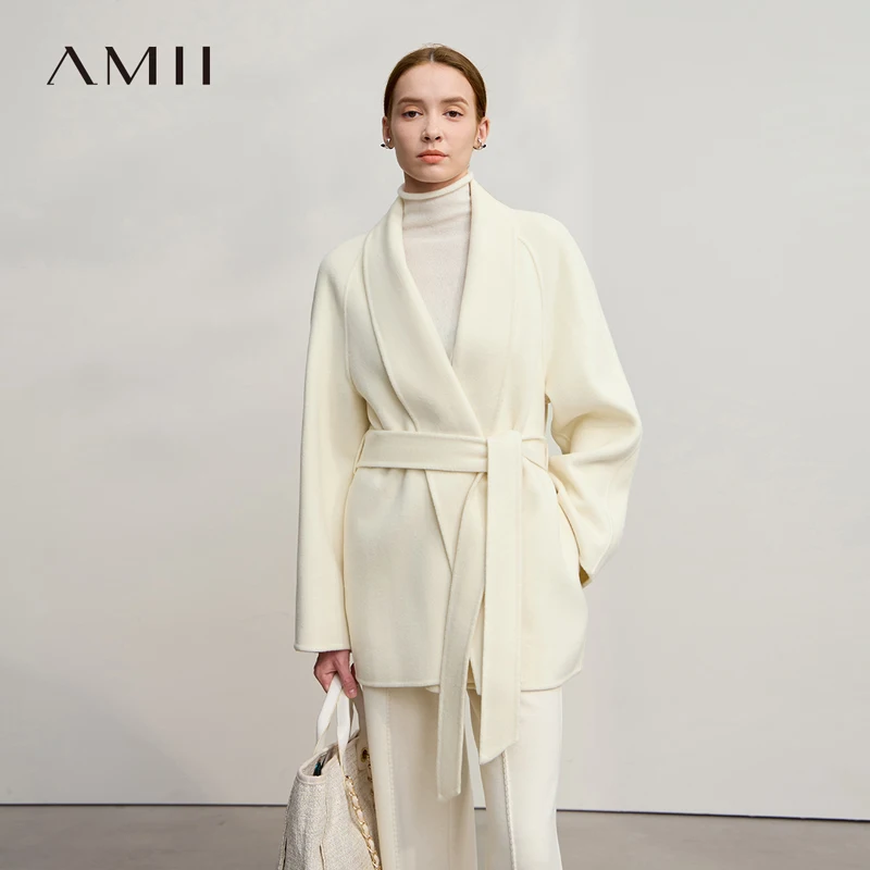 

AMII женское пальто 2025, зимнее новое женское пальто с v-образным вырезом и длинными рукавами, свободные однотонные женские топы, женское шерстяное пальто из 100% шерсти 12524075
