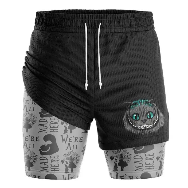Anime-print Men's Double-layer Shorts, Breathable Fitness Pants, Fashion Trend