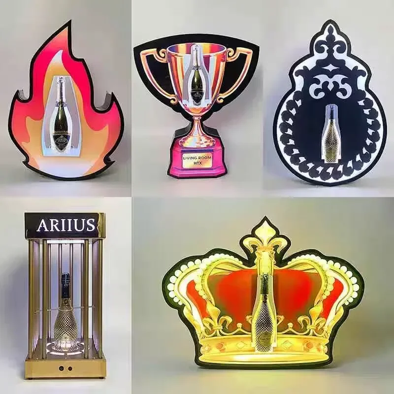 Neon Nightclub Party Lighted Fire Champagne Bottle Glorifier LED Moet Crown Cage Flame VIP Service Trophy Presenter Sign