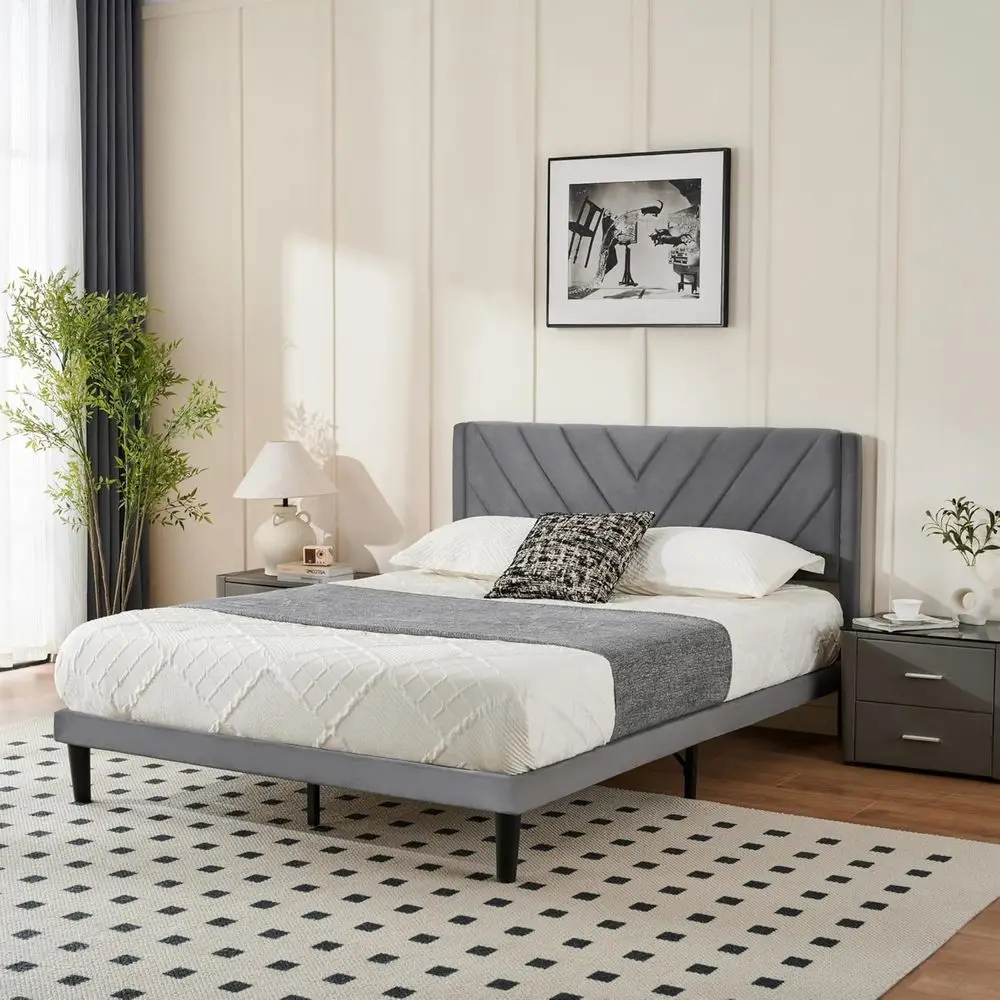 Grey Velvet Headboard Full Platform Bed Frame with Wooden Slats, Metal Structure, Easy Assembly, No Box Spring Needed