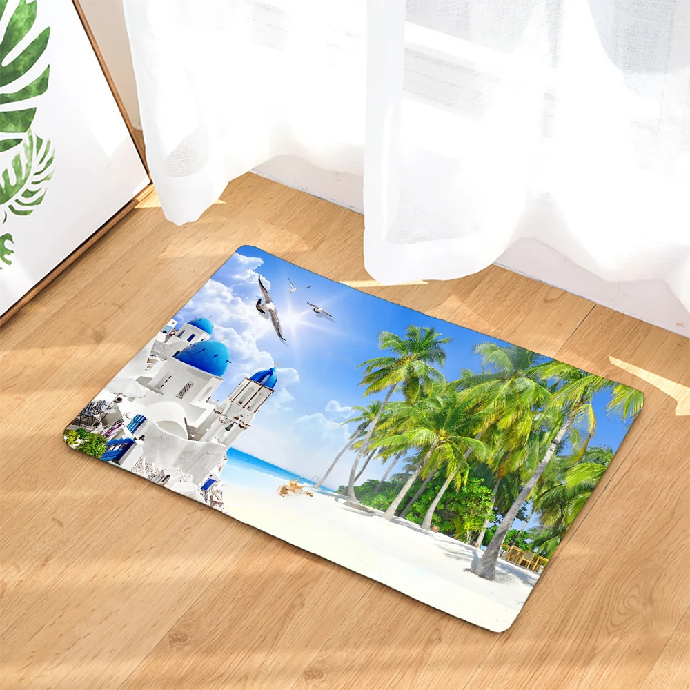 Sea Beach Palm Tree Scenery Decoration Kitchen Door Mats 40x60 Flannel Carpet Doormat Indoor Floor Bathroom Anti-Slip Rug