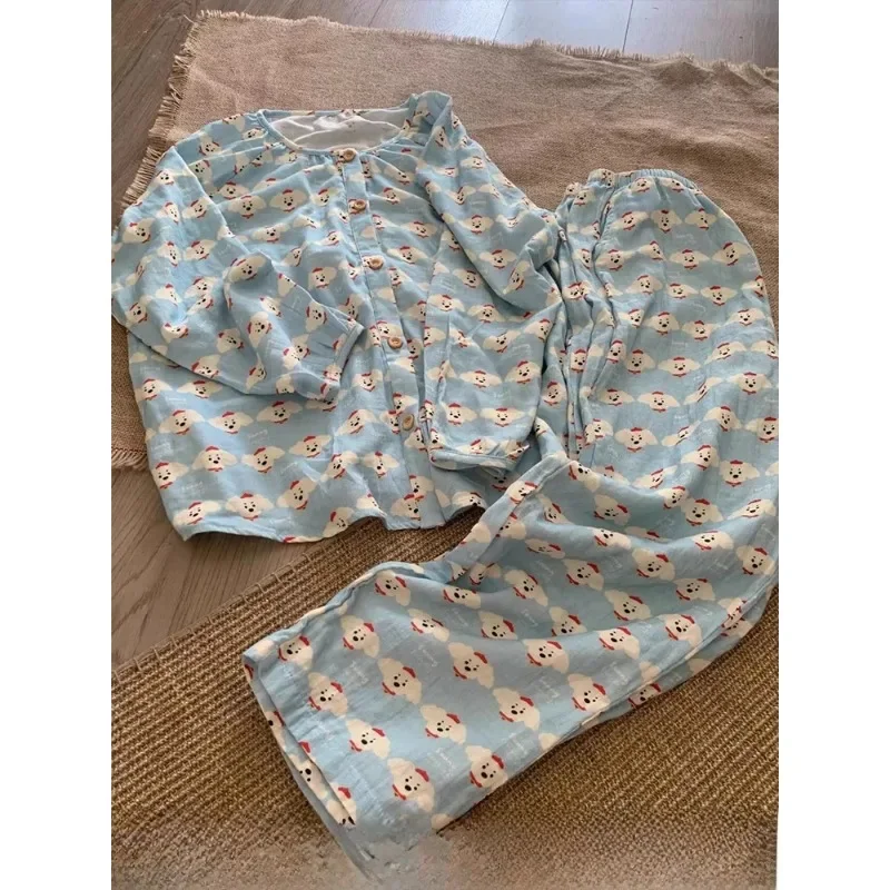 Pijama de manga comprida com estampa de cachorrinho fofo primavera e outono calças cardigã soltas femininas para uso doméstico conjunto plus size pode ser usado ou...