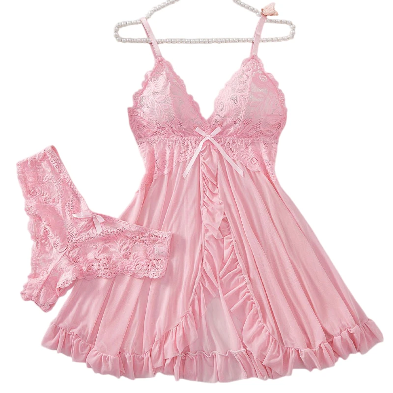Neues Sexy Rosa Dessous-Set Erotischer BH Nachthemd Damen Tanga, Attraktiv, Atmungsaktiv, Romantisch Sexy Bequeme Nachtwäsche & Kleid